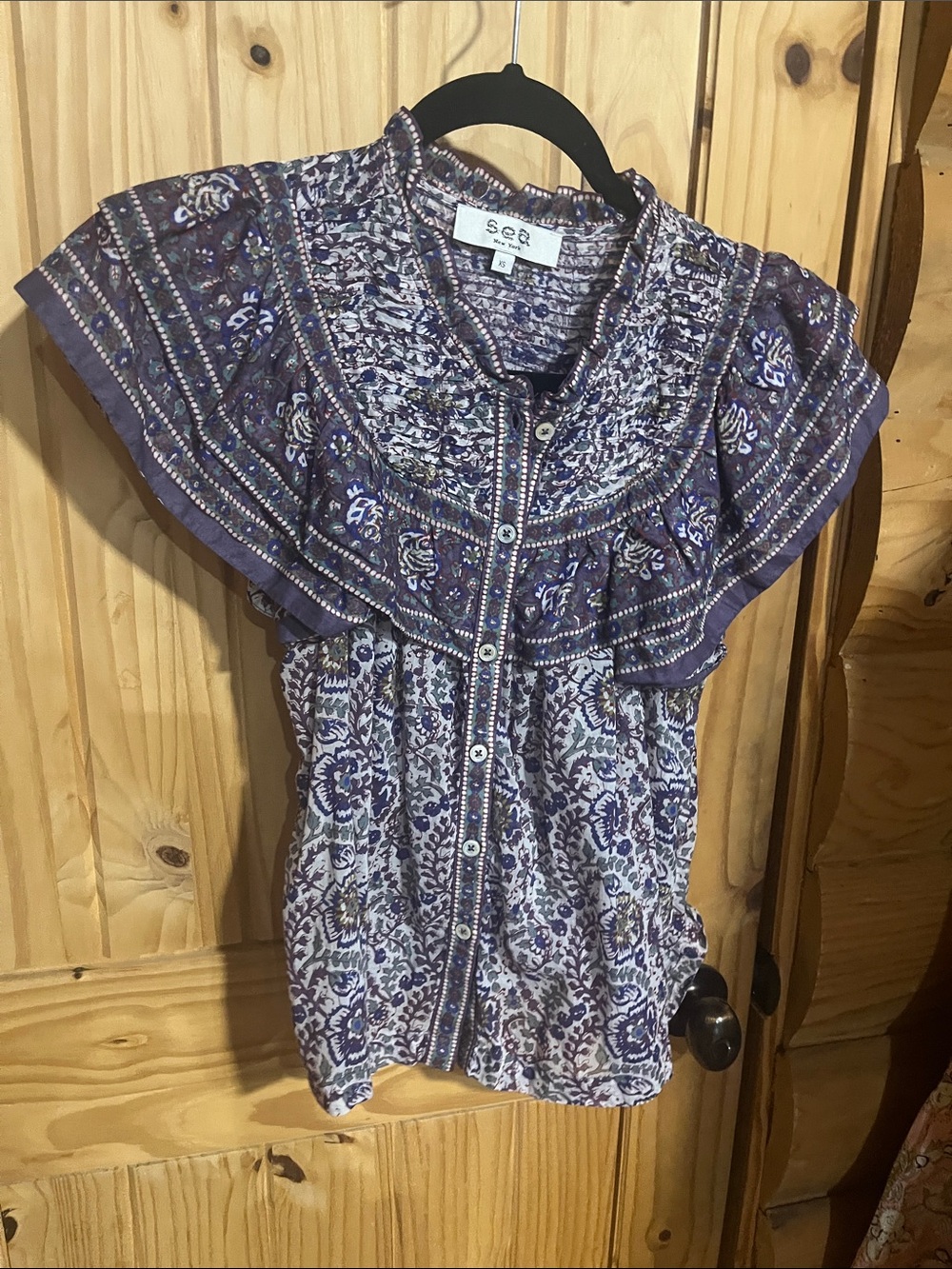 Sea New York Rosita Border Print Multi Purple Floral Ruffle Blouse and Short Set - Picture 4 of 6